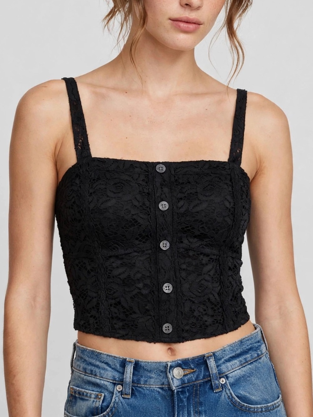 Abercrombie & Fitch Black Lace Button Front Crop Cami Top NWT Small